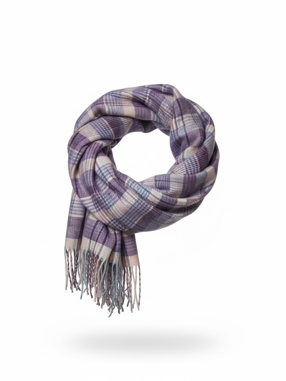 Purple Light Blue Pink Plaid Scarf Made in Scotland Cashmere Fringe Accent Wrap